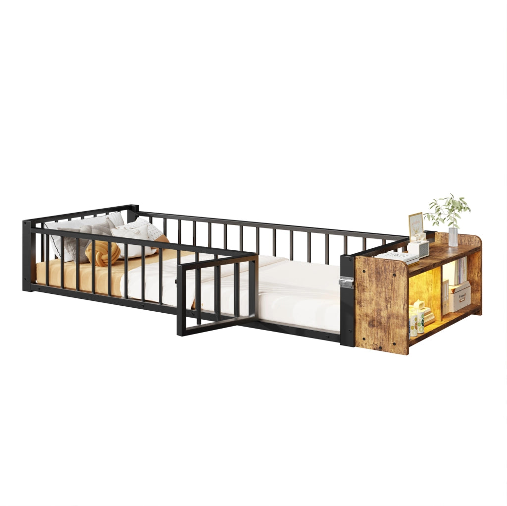 Letto singolo 90x200 cm in metallo e MDF; nero; con sponda di sicurezza; ripiano e LED