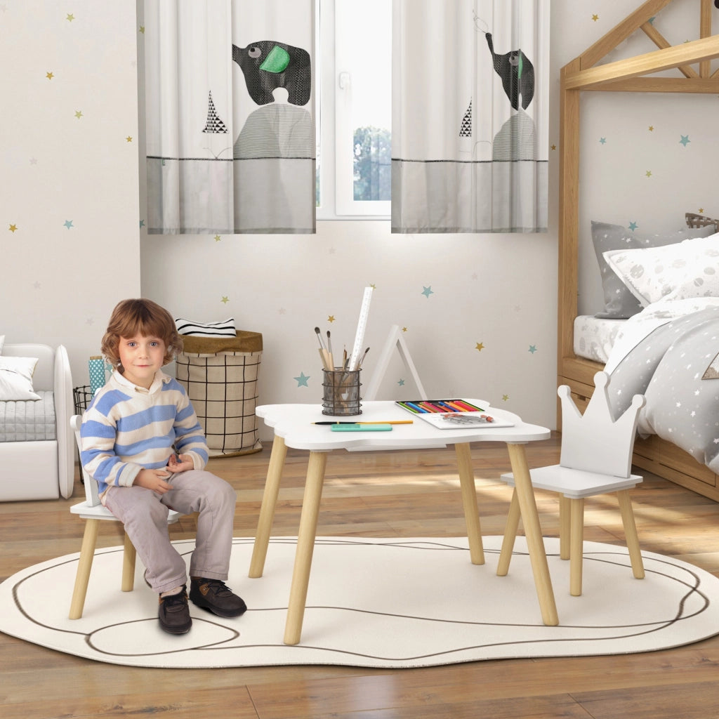 Set Tavolo e 2 Sedie per Bambini con Schienale a Corona, Et¨¤ 3-6 Anni, Bianco