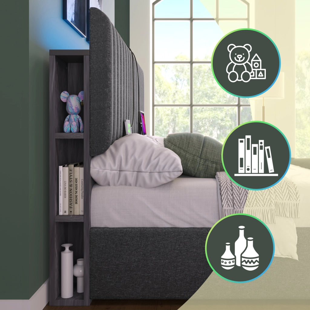 LETTO imbottito con materasso incluso, LED App-Control, USB Type-C, 160x200 cm, grigio