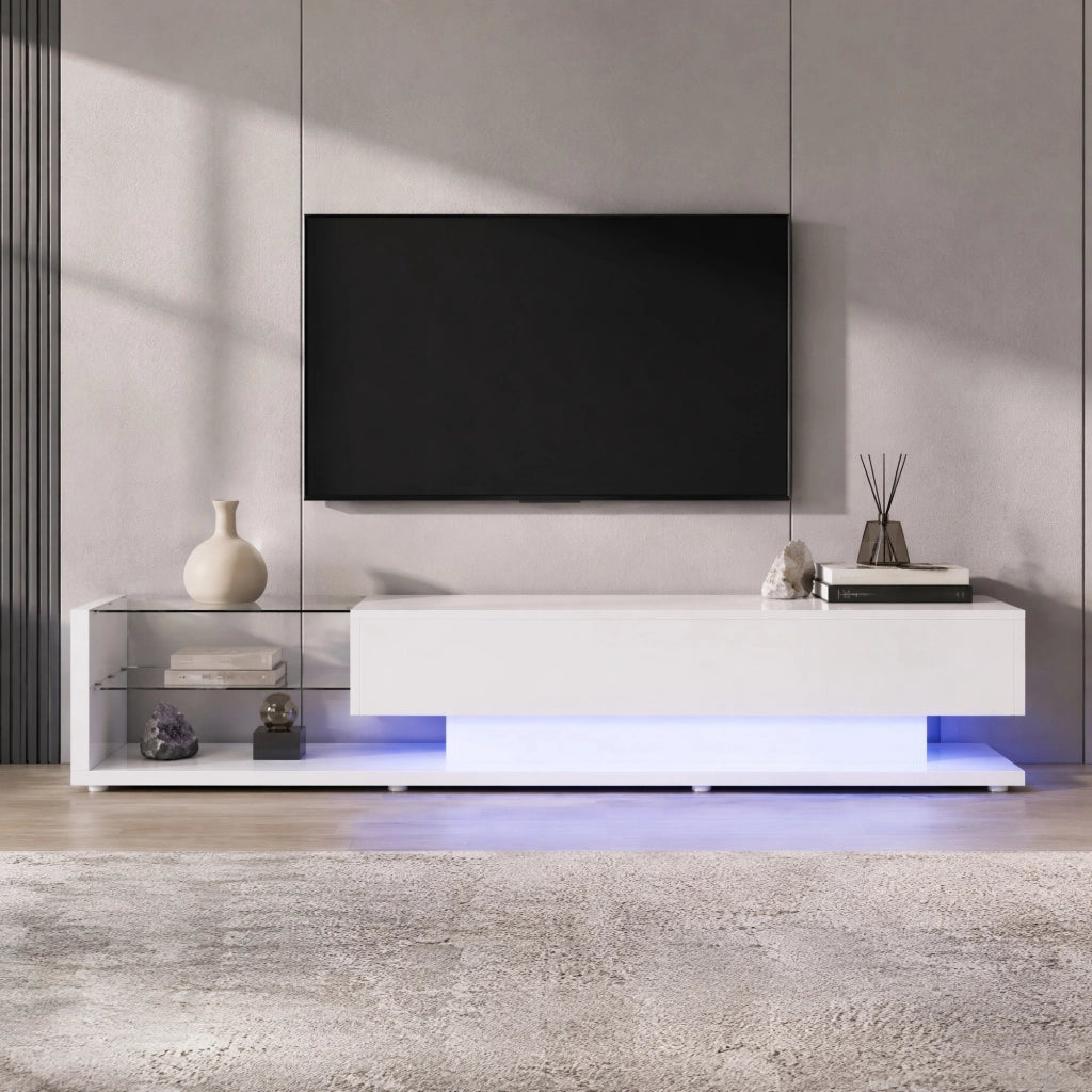 Mobile porta TV con 2 cassetti, 2 ripiani in vetro, LED variabile, bianco lucido, 170 × 36 × 38 cm