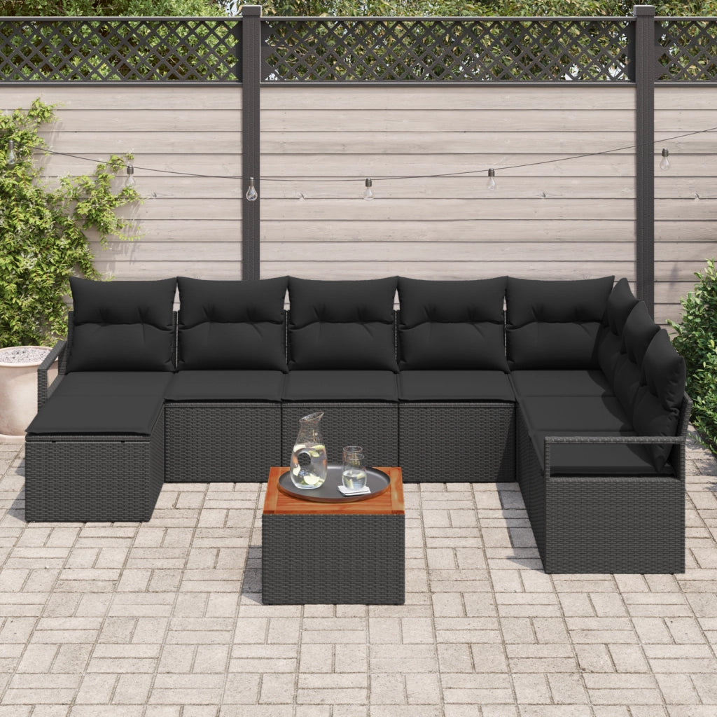 Set Divano da Giardino 9 Pezzi con Cuscini Rattan Nero Acacia