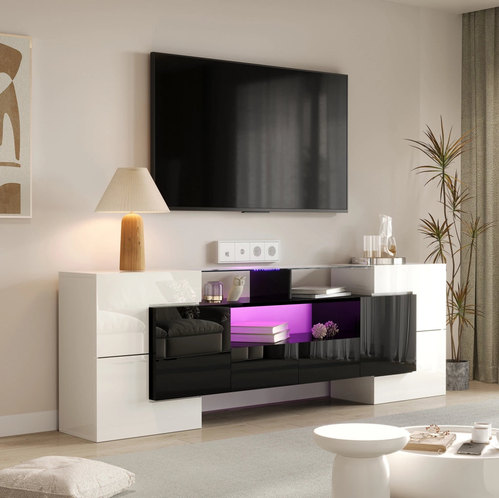 Mobile TV moderno 200 cm bianco e nero lucido con LED