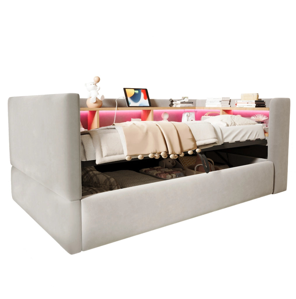 Divano letto 90x190 cm con contenitore idraulico, LED e prese in flanella grigio chiaro