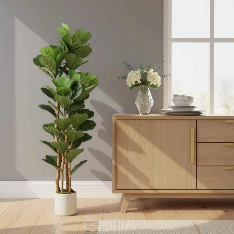 Ficus lyrata artificiale, pianta artificiale con 71 foglie, tronco in legno massello, vaso, 50 x 50 x 150 cm, verde