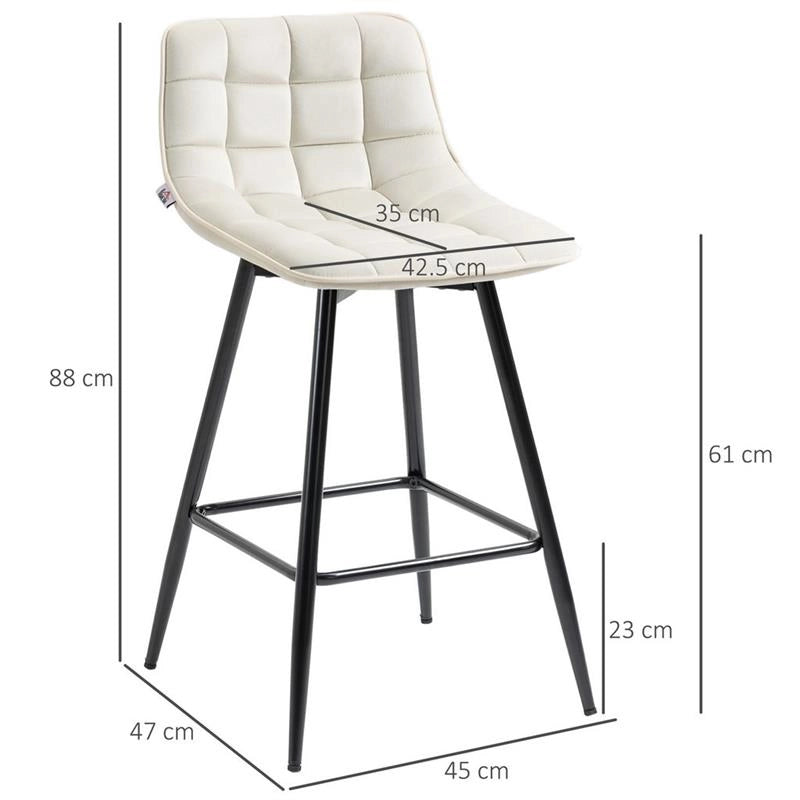 SET 2 SGABELLI DA BAR CON SCHIENALE E POGGIAPIEDI IN STILE NORDICO IN METALLO E VELLUTO, COLOR CREMA, 45X47X88 CM