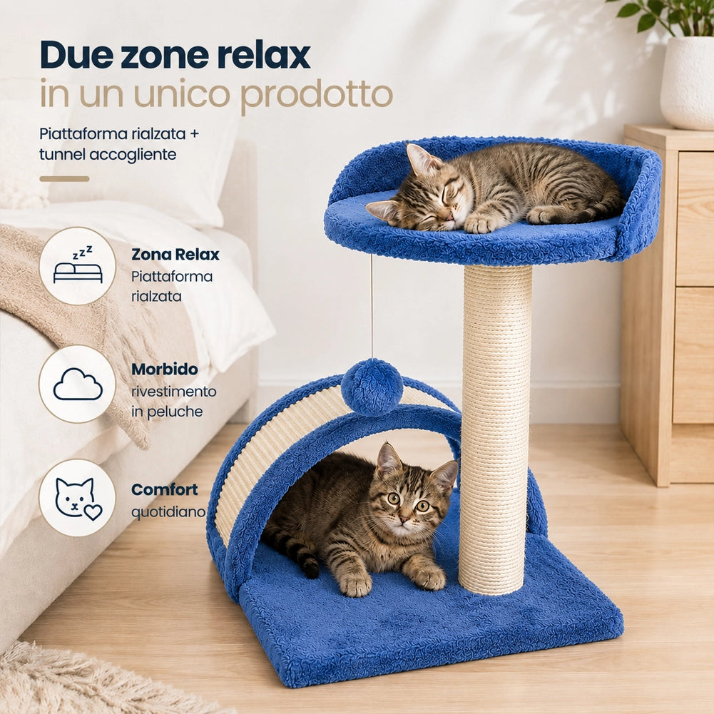 Tiragraffi Per Gatti Blu Con Gioco Pallina Palo 50cm Topolino Tunnel Soffice