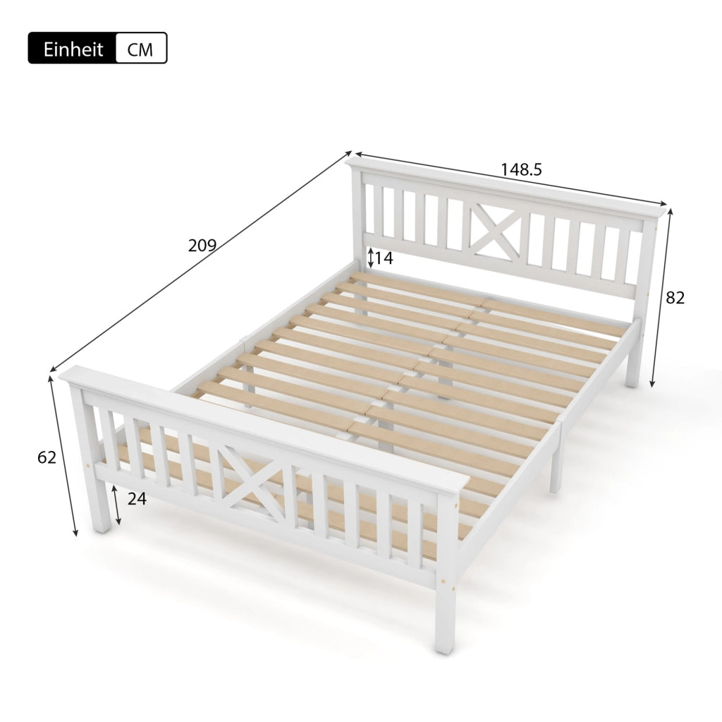 Letto matrimoniale 140x200 cm in pino bianco con rete a doghe