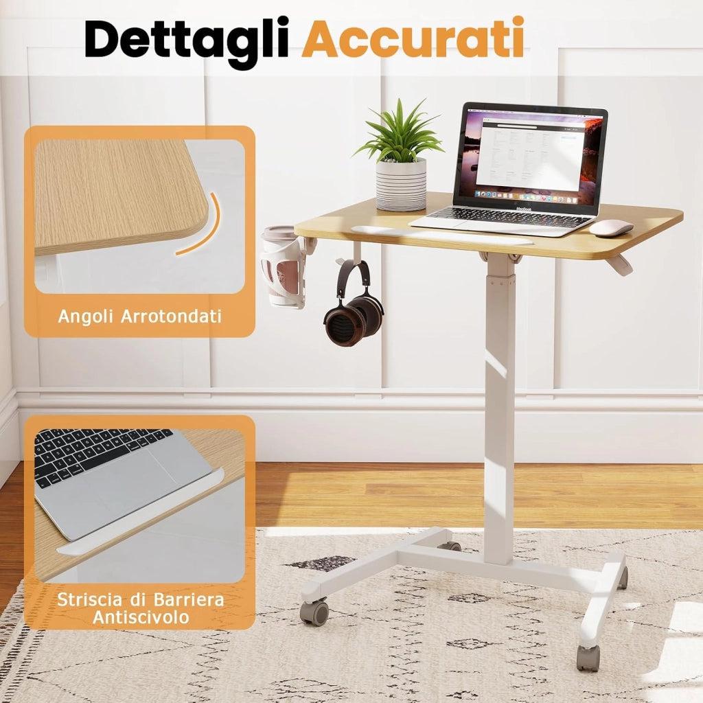 Tavolo Pieghevole per Laptop su Ruote con Piano Inclinabile a 90°, Tavolino Regolabile in Altezza e Portatile con Gancio & Portabicchiere per Divano e Letto
