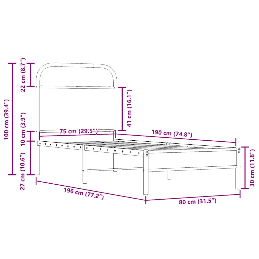 Letto singolo | Letto per adulti | Giroletto senza Materasso Rovere Fumo 75x190 cm in Truciolato