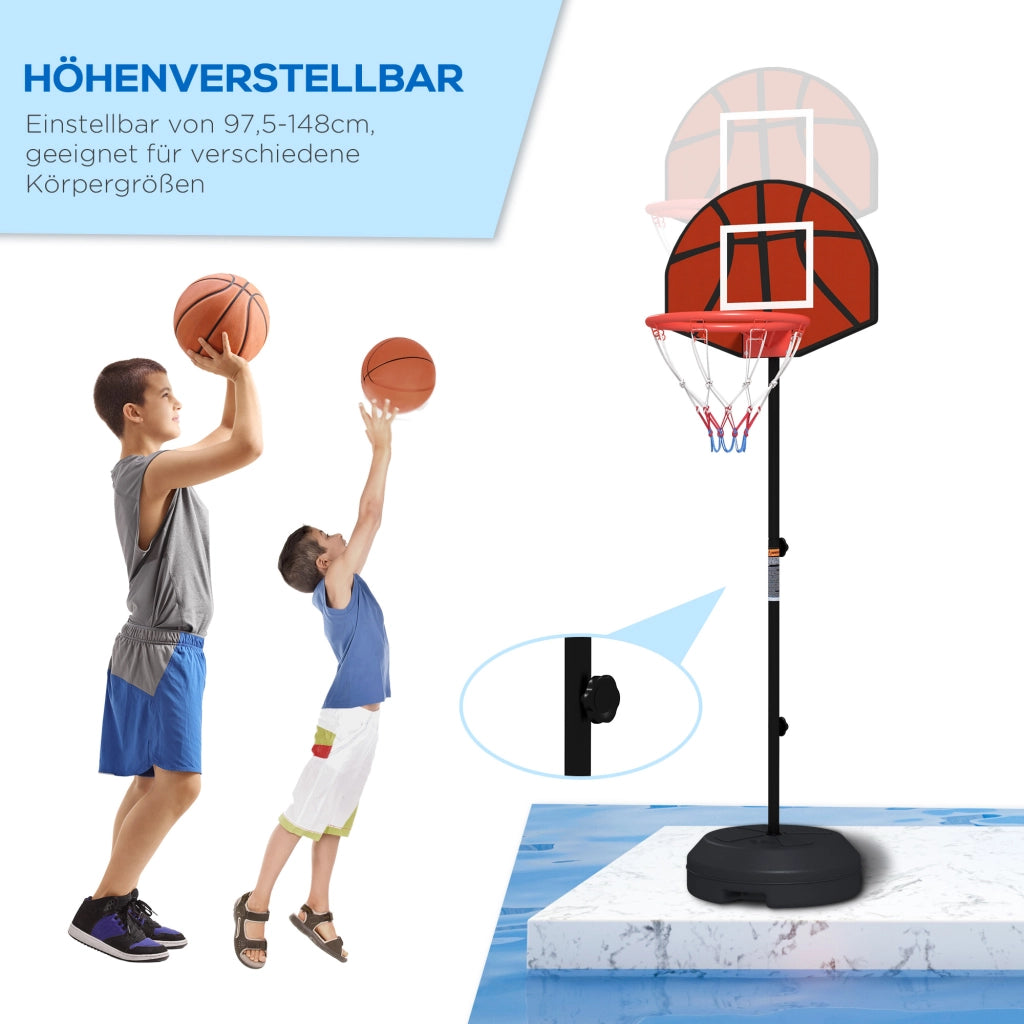 Canestro da basket regolabile in altezza (129-179 cm) con supporto, completo di bersaglio magnetico per freccette, per uso interno ed esterno.