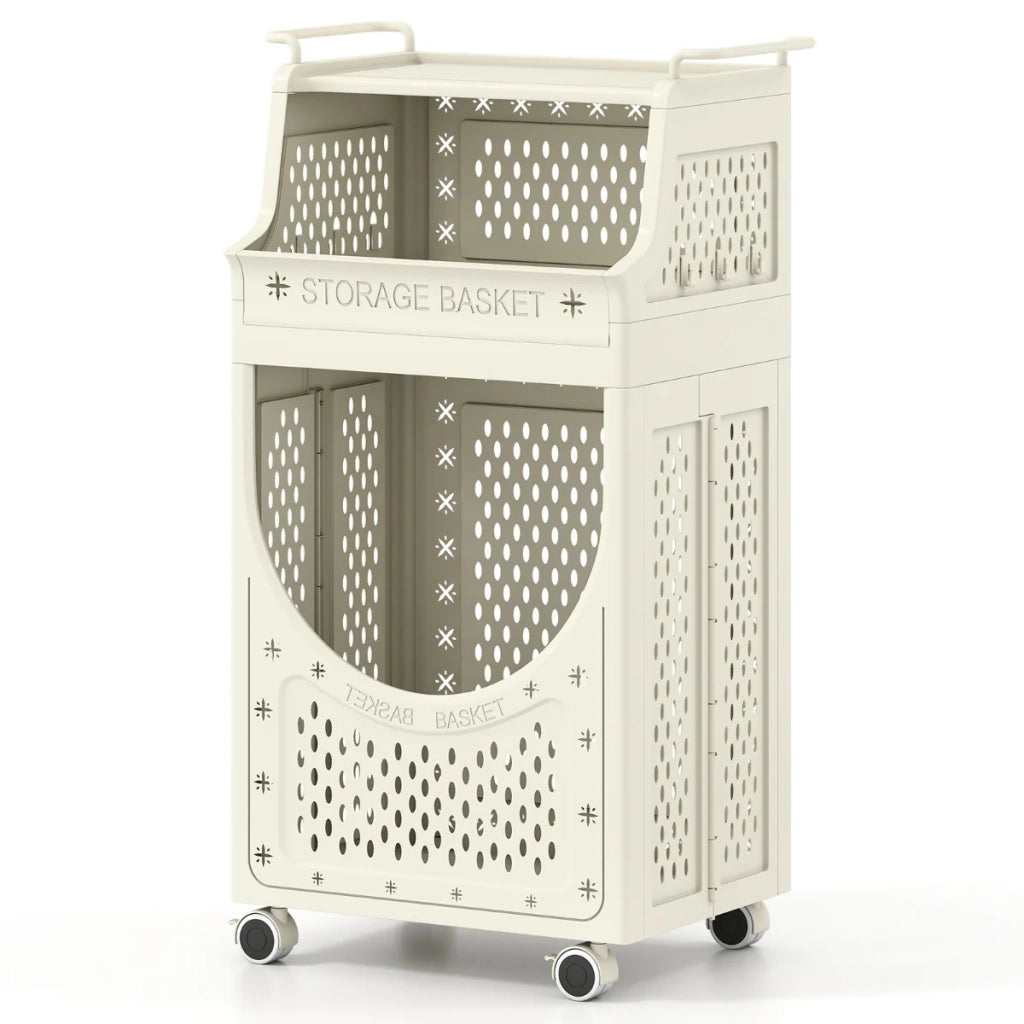 Carrello portabiancheria pieghevole a 3 ripiani 40 x 30 x 78 cm con 6 ganci pratico contenitore PP beige 20_0018227
