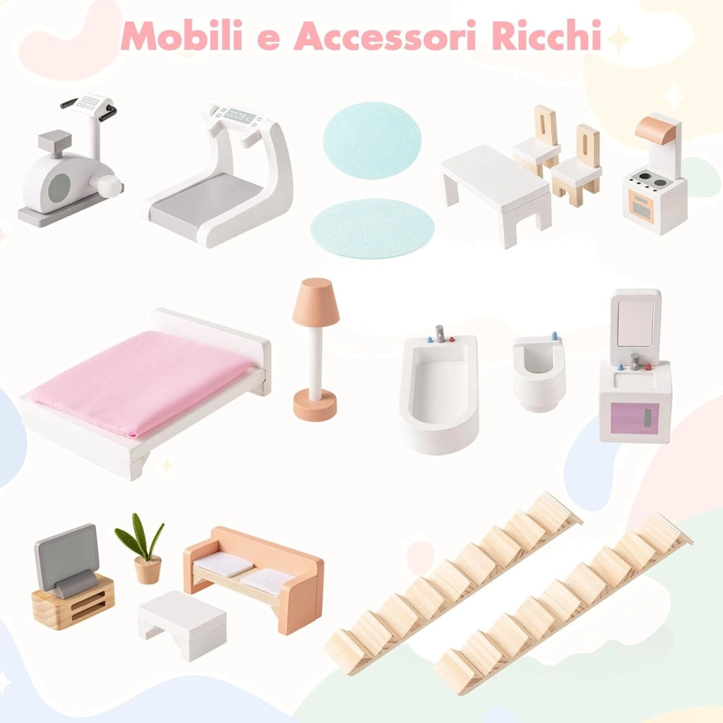 Casa delle Bambole in Legno, Casetta delle Bambole a 3 Piani con Tetti Rimovibili, Porte Apribili, Finestre Squisite 5 Stanze e 19 Accessori, Regalo per Bambini 3+ Anni