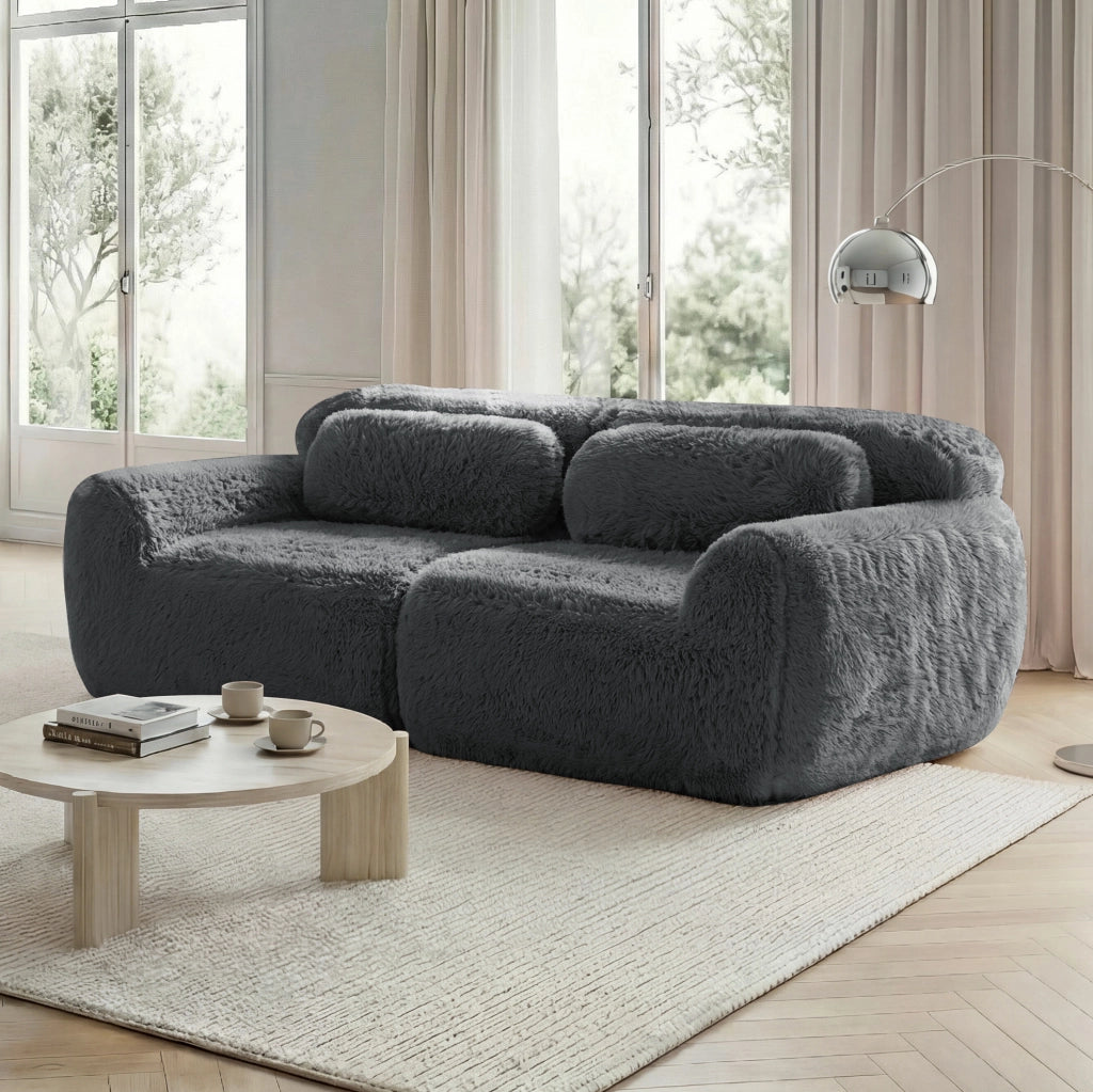Divano 2 posti in tessuto plush grigio, design modulare senza telaio, con cuscini e base antiscivolo