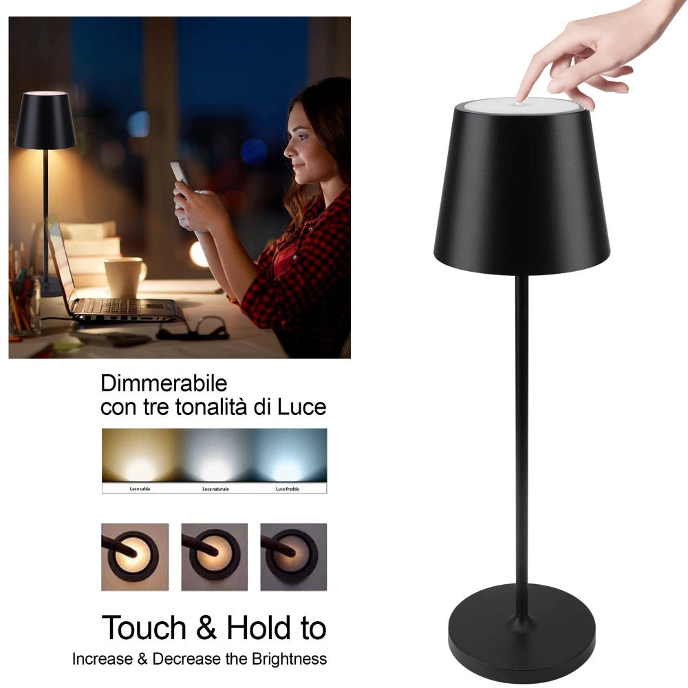 Trade Shop - Lampada Da Tavolo A Led Con Batteria Ricaricabile Touch Dimmerabile 3 Colori Bar -