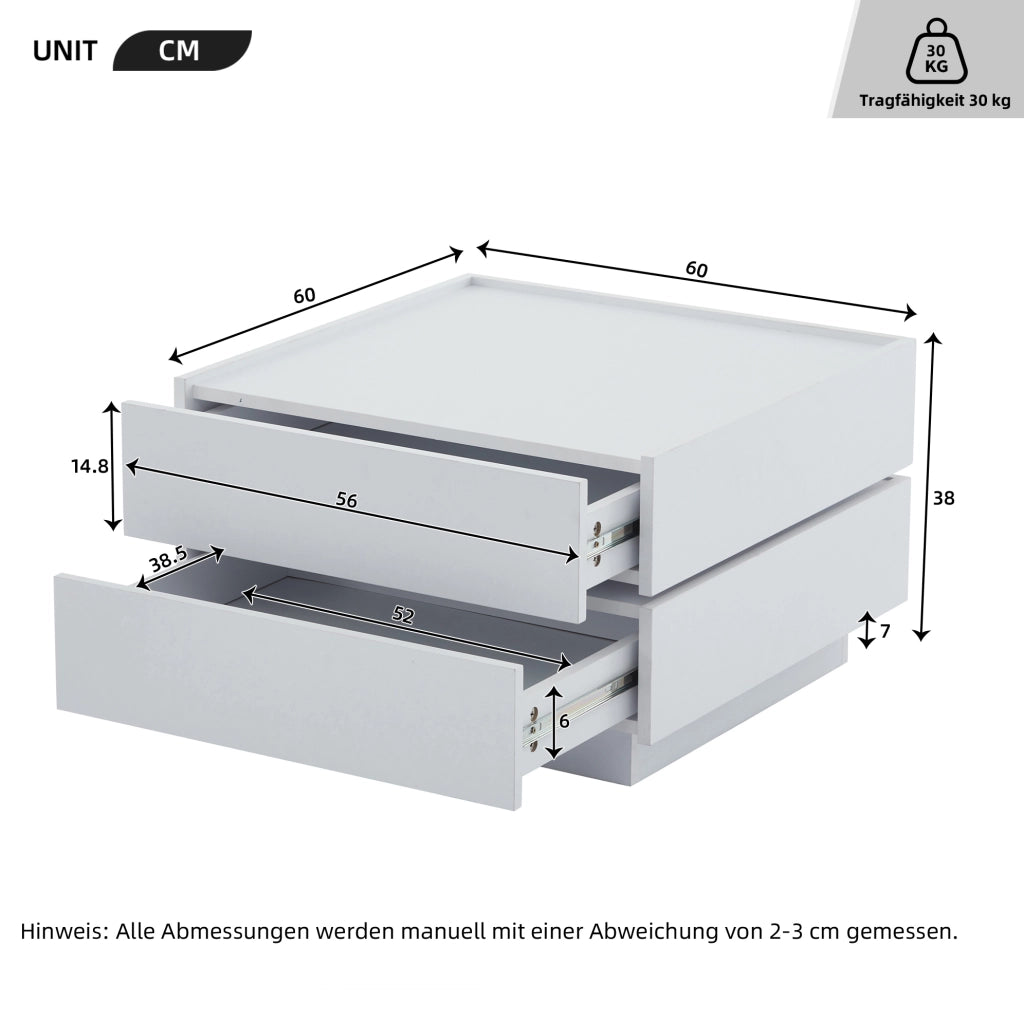 Tavolino da salotto girevole 360° 60 x 60 x 38 cm in truciolare bianco; con 2 cassetti