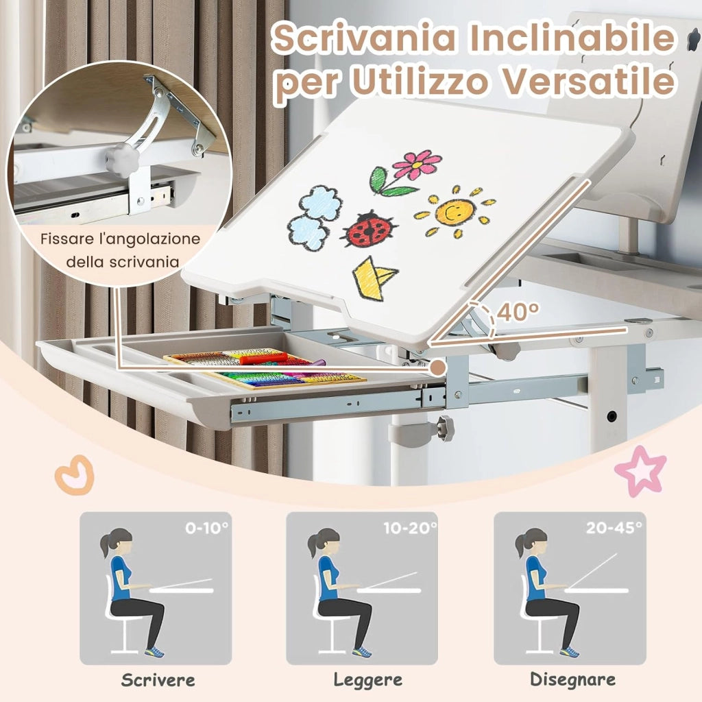Set di Scrivania e Sedia per Bambini con Altezza Regolabile, Grigio | Banco Scuola con Piano Inclinabile, Supporto per Libri, Barra Poggiapiedi e Sedia Ergonomica per Scuola, Ufficio e Cameretta
