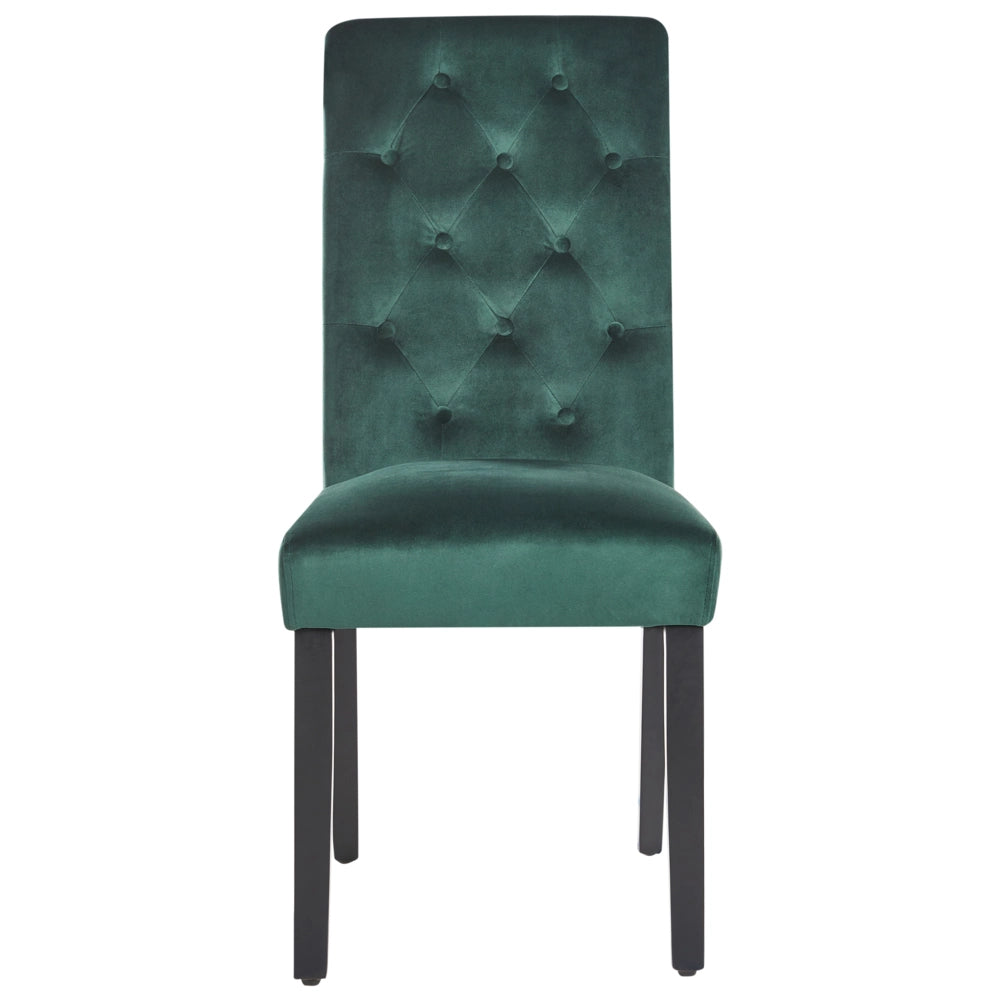Set di 2 sedie da pranzo in velluto verde legno di gomma gambe nere bottoni e piedistalli