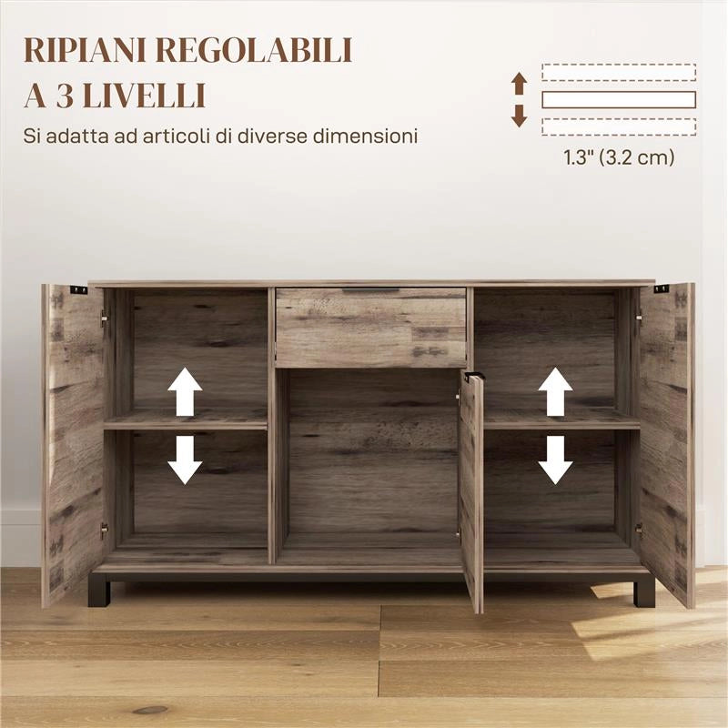 CREDENZA BUFFET IN STILE INDUSTRIALE CON CASSETTO E 3 ARMADIETTI IN LEGNO MARRONE 120X36.5X70 CM