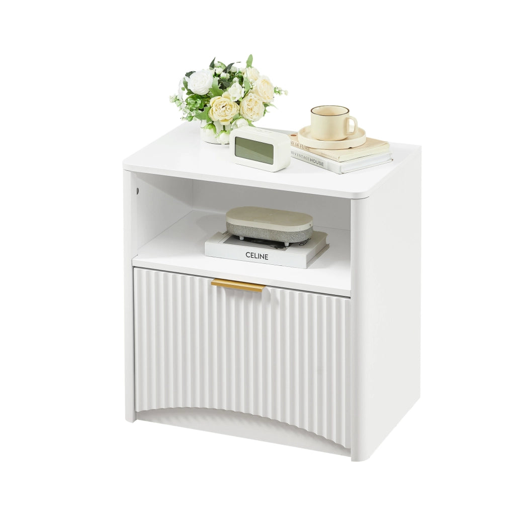 Comodino bianco 58 cm con vano aperto e maniglia dorata