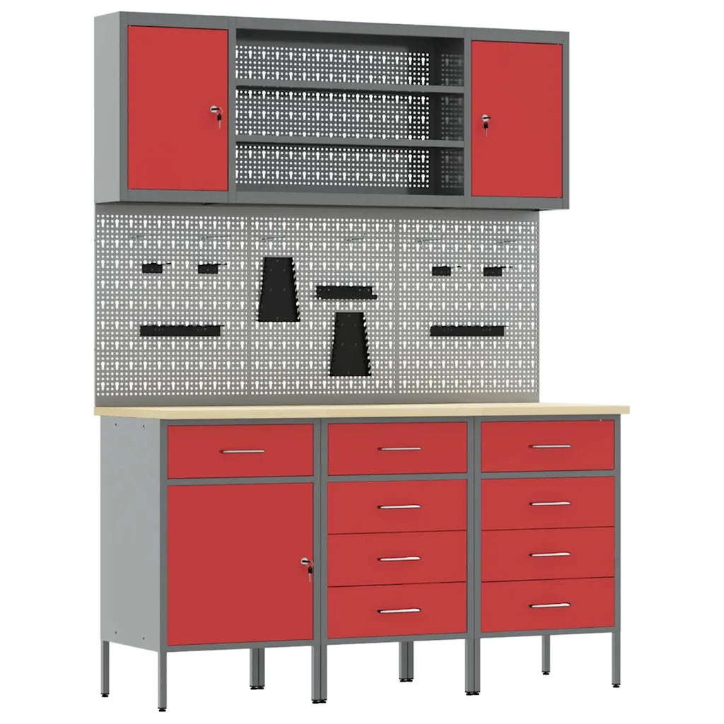Mobile da lavoro 7 pcs Rosso Legno ingegnerizzato e acciaio 3321449