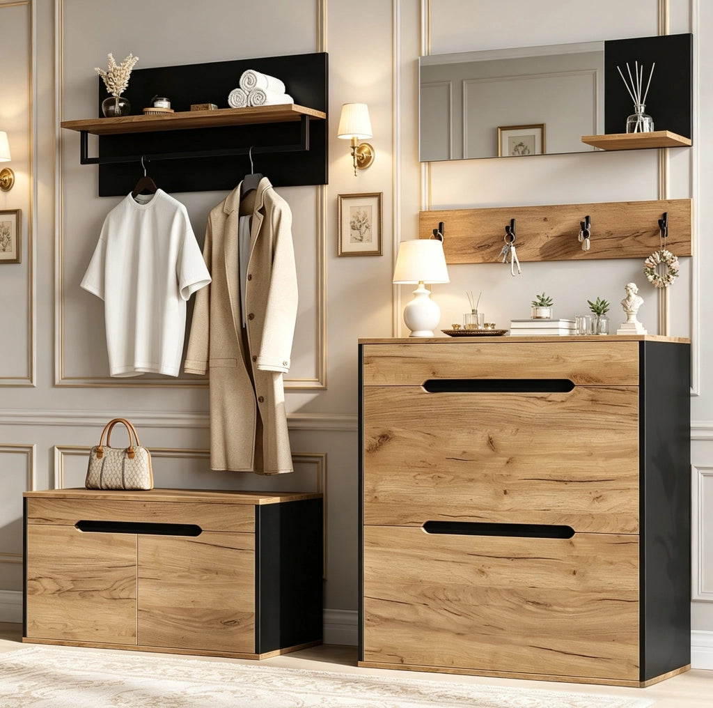 Set ingresso modulare con specchio, scarpiera e appendiabiti