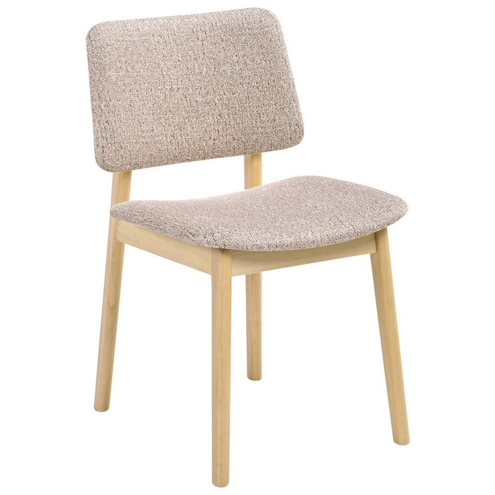 Set di 2 sedie da pranzo marrone chiaro e tortora con struttura in legno di gomma e seduta bouclé, design retrò senza braccioli