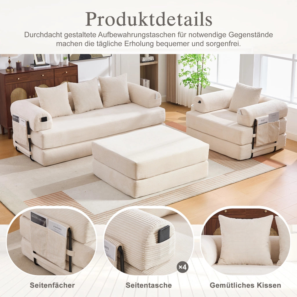 DIVANO modulare in velluto a coste beige con pouf