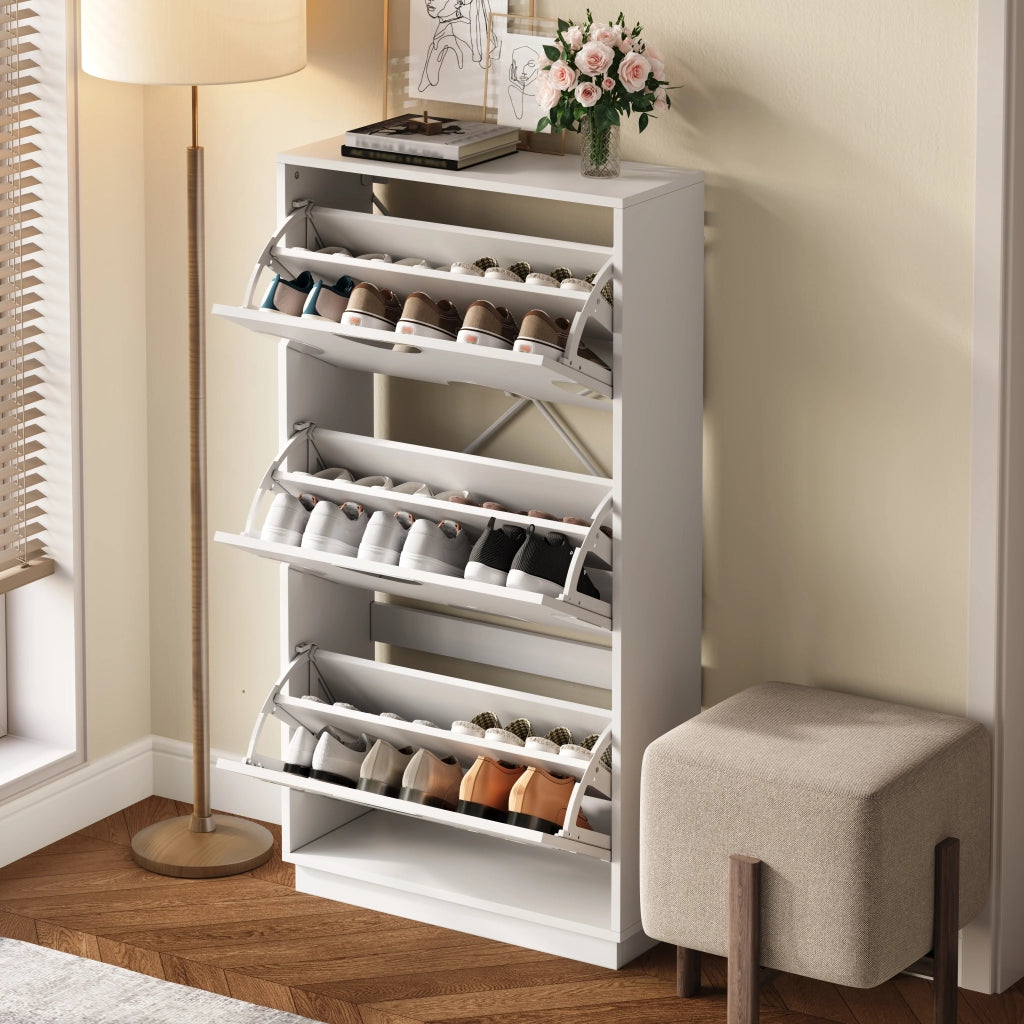 Scarpiera con 3 Ante a Ribalta e Specchio Rotondo; Struttura Verticale Salvaspazio; in MDF; 63×24×120 cm; Bianco