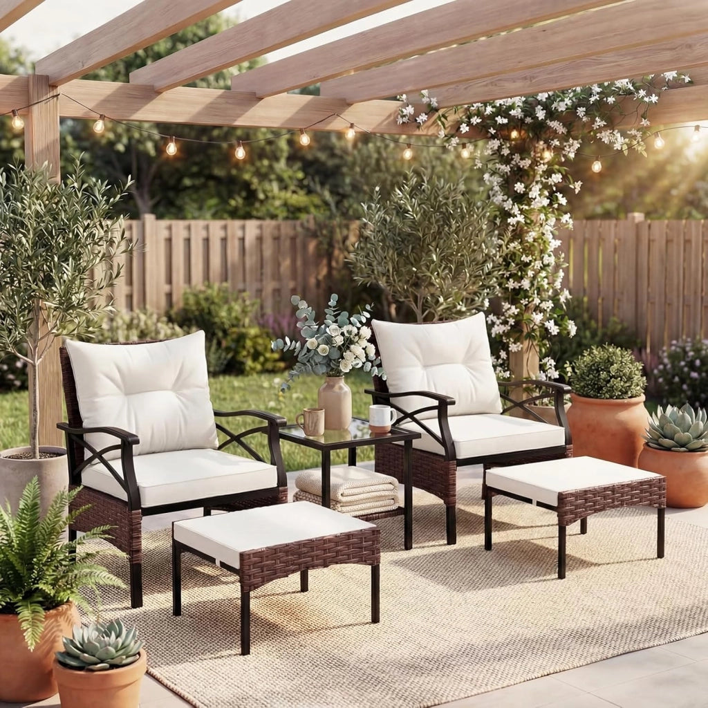 Set di mobili da giardino in rattan, per balconi, balconi, terrazze, 2 poltrone con sgabello, con cuscino, set di mobili da balcone per 2 persone (Beige)