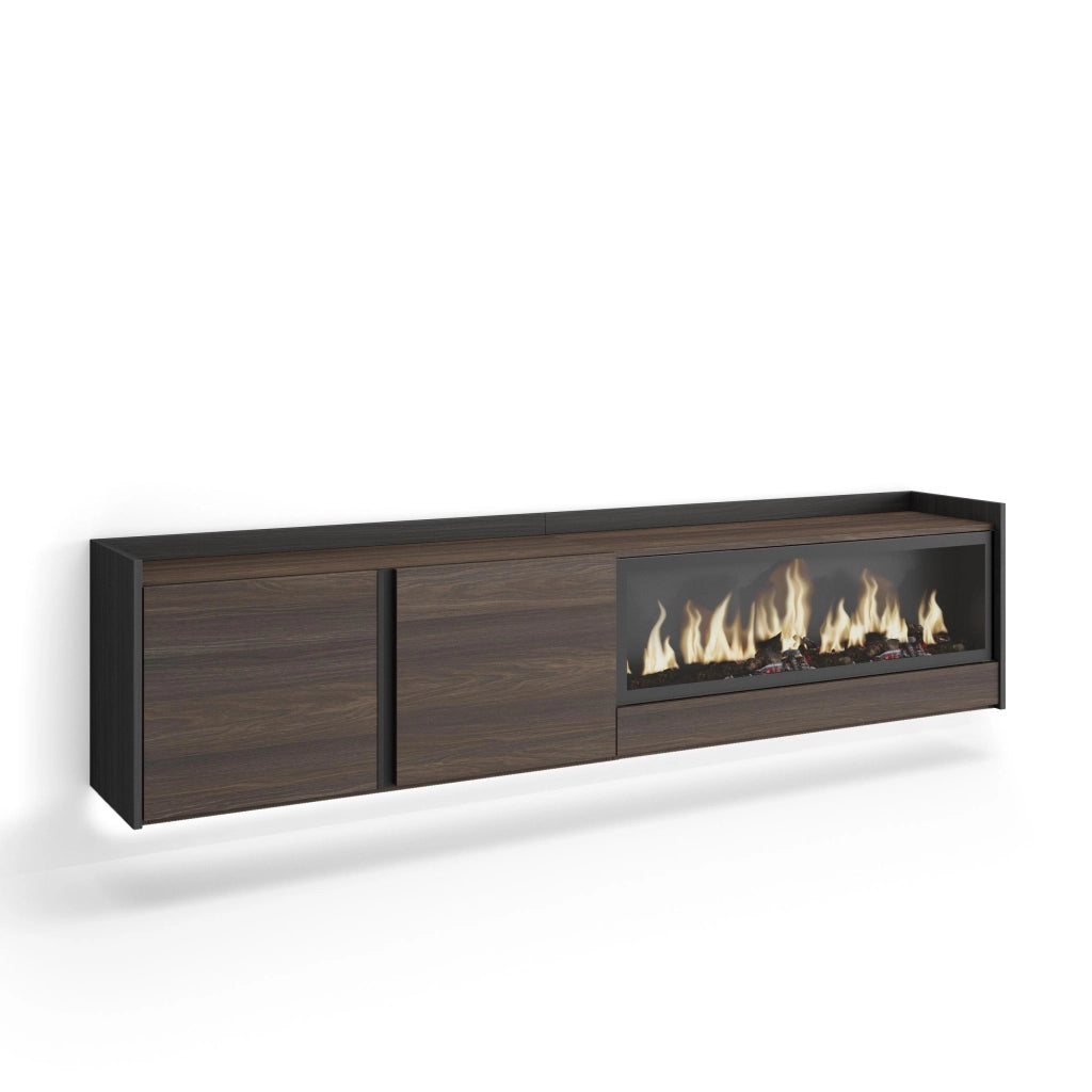 Mobile TV Soggiorno, 212x50x35 cm, Per TV fino a 80", Camino elettrico XXL, Sospeso, da appendere, LED, Rovere scuro e Nero