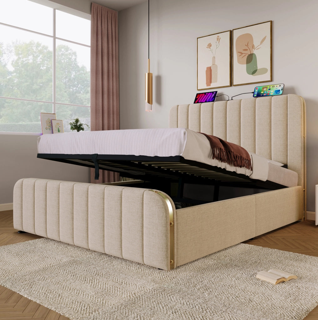Letto matrimoniale contenitore ULEVR 160x200 cm con testiera imbottita, USB e Type-C, lino beige