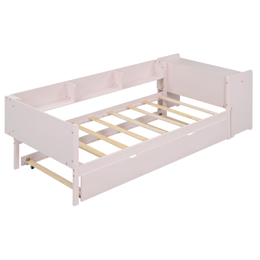 OKWISH Letto estraibile 90×200 cm, Letto Singolo con Letto estraibile, Scrivania e 3 Mensole, senza Materasso, in Pino e MDF, Rosa