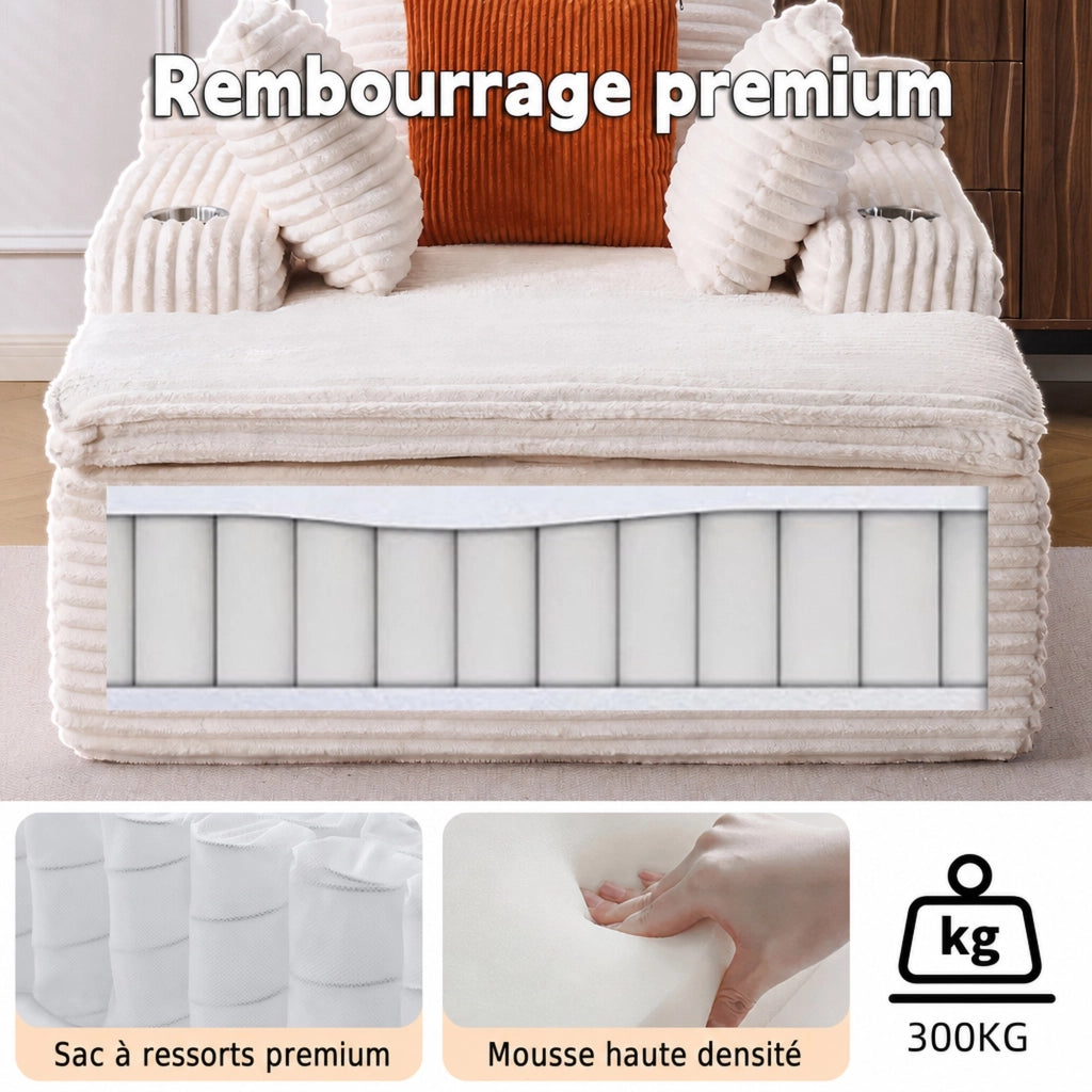 Divano da pavimento ULEVR beige in velluto a coste con chaise longue, portabicchieri, 3 cuscini e cuscino coperta 2 in 1
