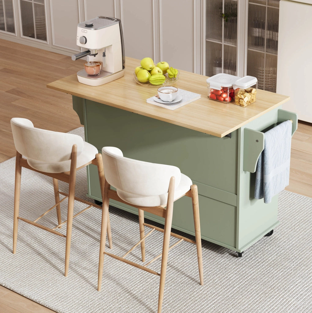 Carrello da cucina verde antico con piano pieghevole e portabottiglie