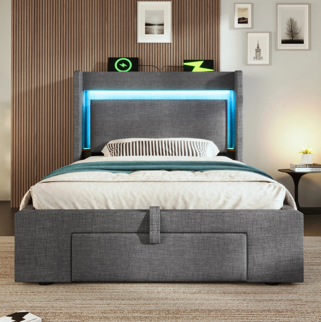 Letto imbottito 90x200 cm con contenitore idraulico; LED; USB e USB C; lino grigio