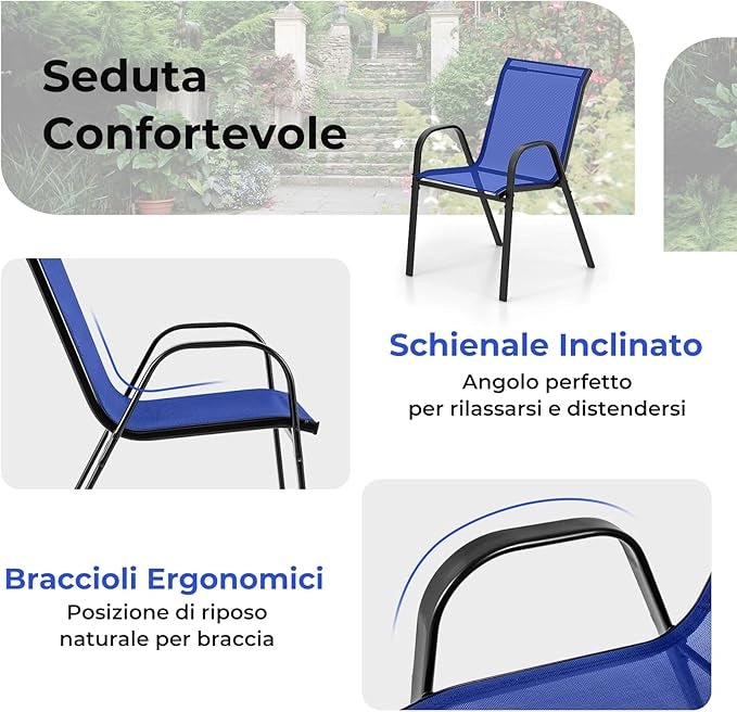 Set Mobili da Giardino 3 Pezzi, con Tavolo Rotondo in Vetro Temperato e 2 Sedie in Textilene Traspirante, per Esterno Balcone Giardino (Blu)