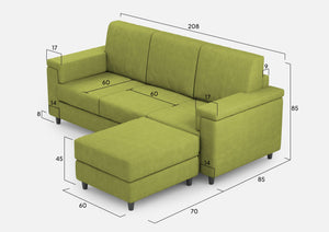 Divano 3 Posti con Pouf 208x155x85 cm Marrak in Tessuto Verde