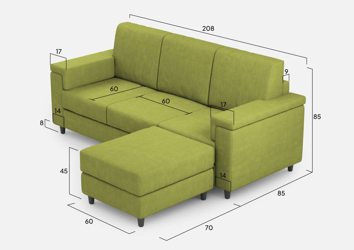 Divano 3 Posti con Pouf 208x155x85 cm Marrak in Tessuto Verde