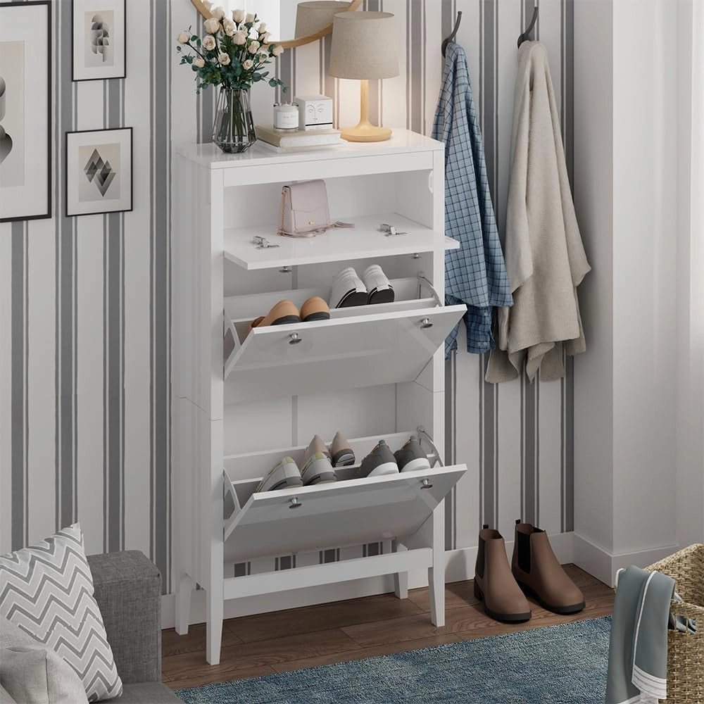 Armadio per scarpe Aron, Bianco, 60 x 115 cm, combinabile per la conservazione e l'organizzazione delle scarpe