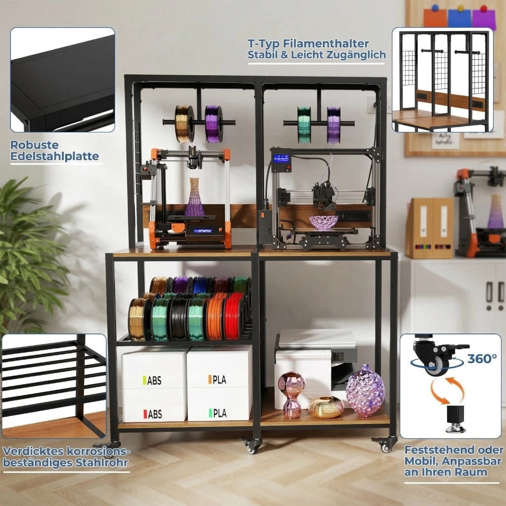 Mobile contenitore per 2 stampanti 3D con ripiani aperti e supporti filamento, per officina, 119.9 × 59.9 × 160.0 cm