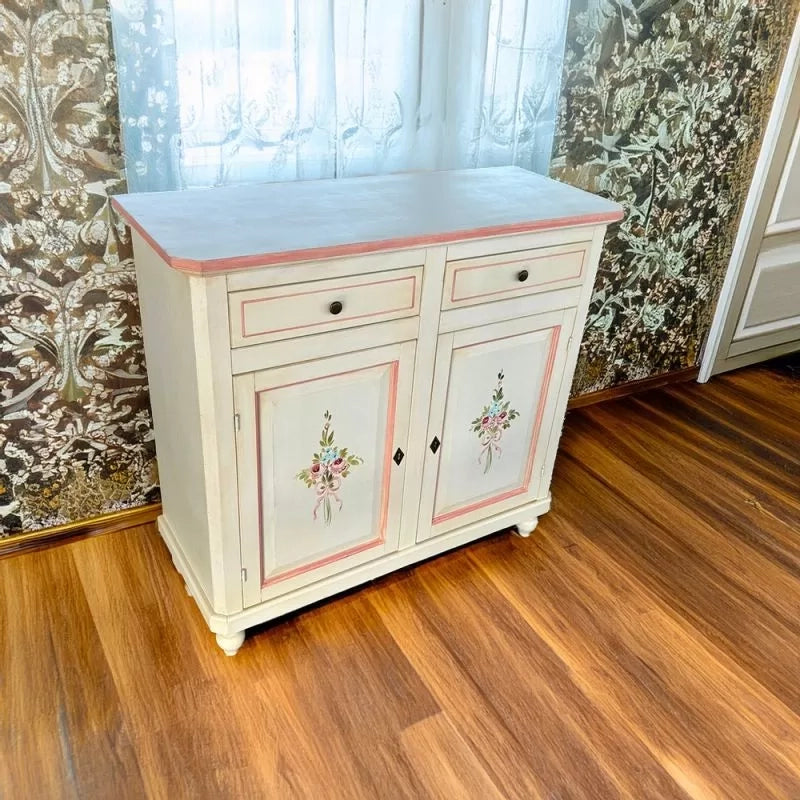 Credenza 2 porte legno shabby bianco anticato filo rosa decori 105x45x98 - Mobili 2G