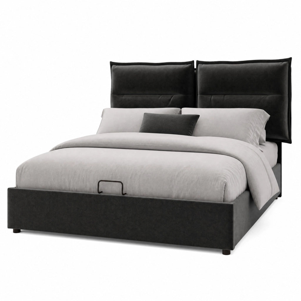 Letto matrimoniale imbottito 140x200 cm con testiera regolabile, contenitore e materasso, nero