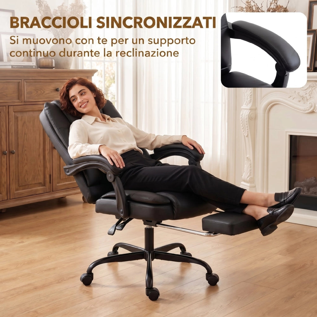 Sedia da Ufficio Ergonomica 65x67x112-122 cm Reclinabile 150° con Poggiapiedi in Cotone e Metallo Nero