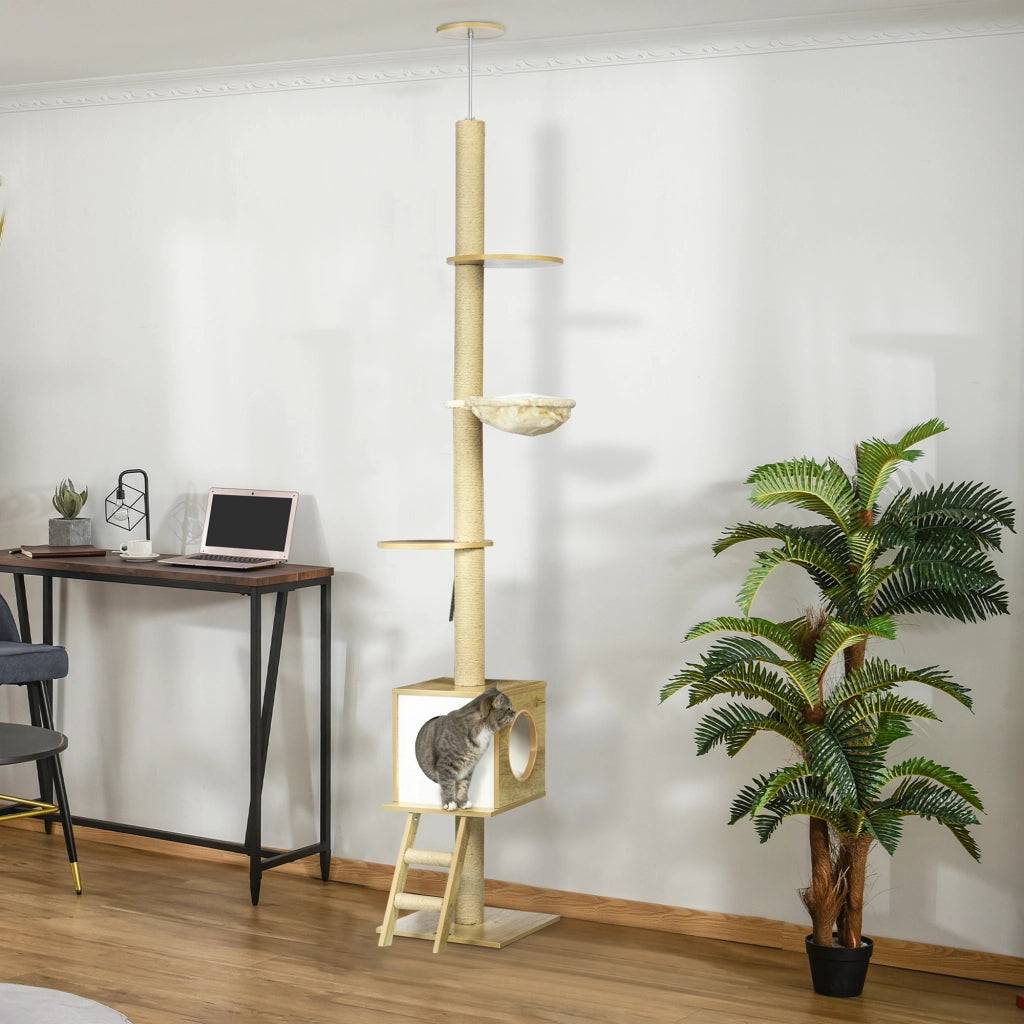 Albero tiragraffi per gatti con due piattaforme e amaca ¨C zephmum ¨C marrone chiaro+beige 40x40x260 cm
