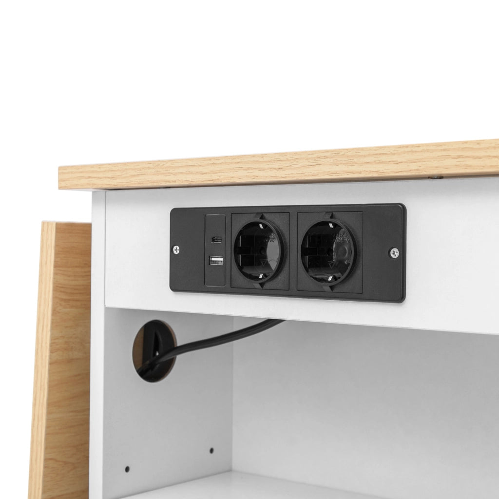Isola da cucina 120x40-70x92 cm con piano apribile; prese integrate e vano rifiuti; MDF bianco naturale