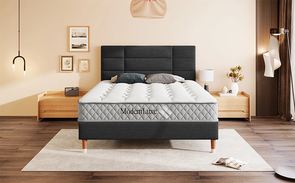 Letto matrimoniale 140x200 cm con materasso, testiera imbottita, rete a doghe, nero, effetto lino