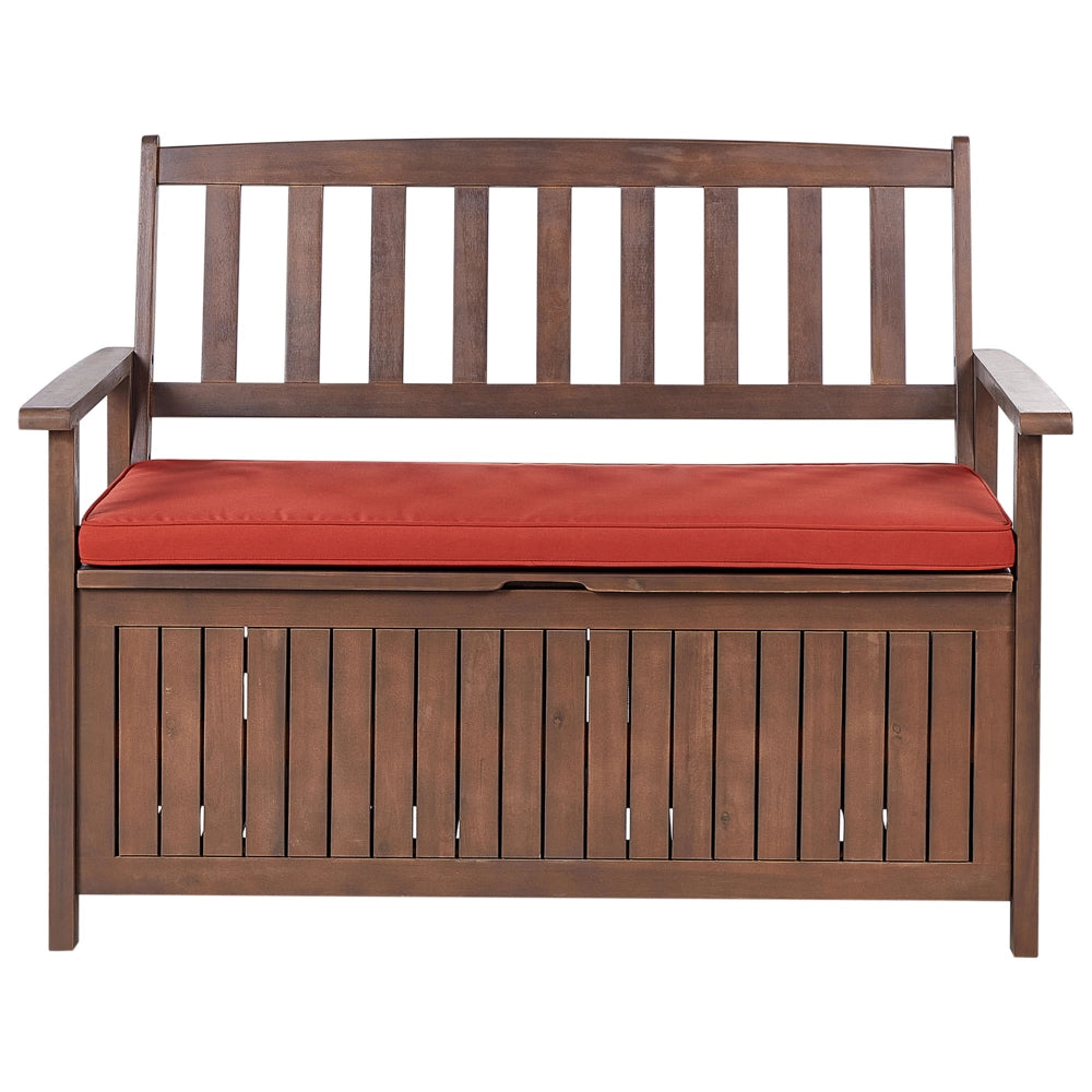 Panca da Esterno con Contenitore in Legno Massello di Acacia 2 Posti 120 cm Colore Scuro e cuscino rosso