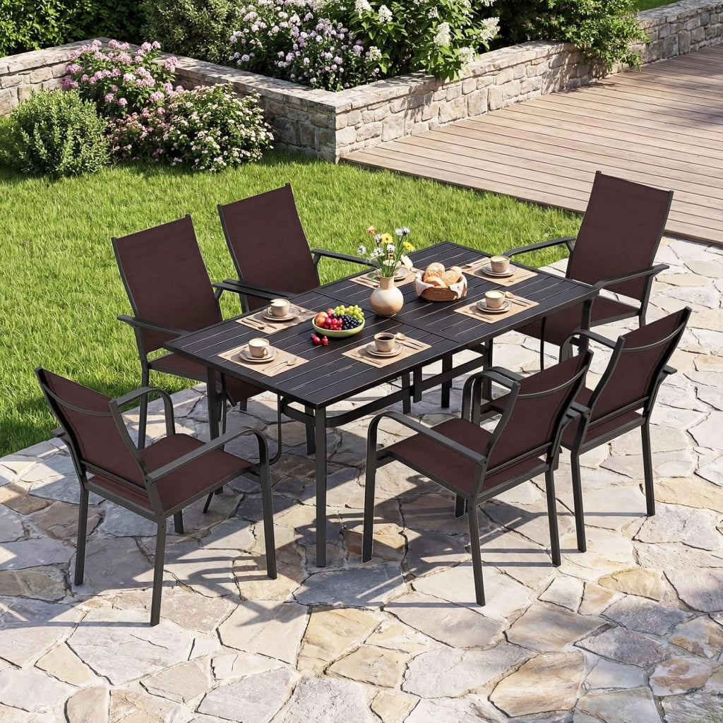 Tavolo da Giardino a 6 Posti in Metallo, Tavolo Esterno con Fori di Ombrellone, 160 x 84 x 73 cm, per Balcone, Terrazzo, Campeggio, Pranzo, Rettangolare, Resistente, Portata 150 kg