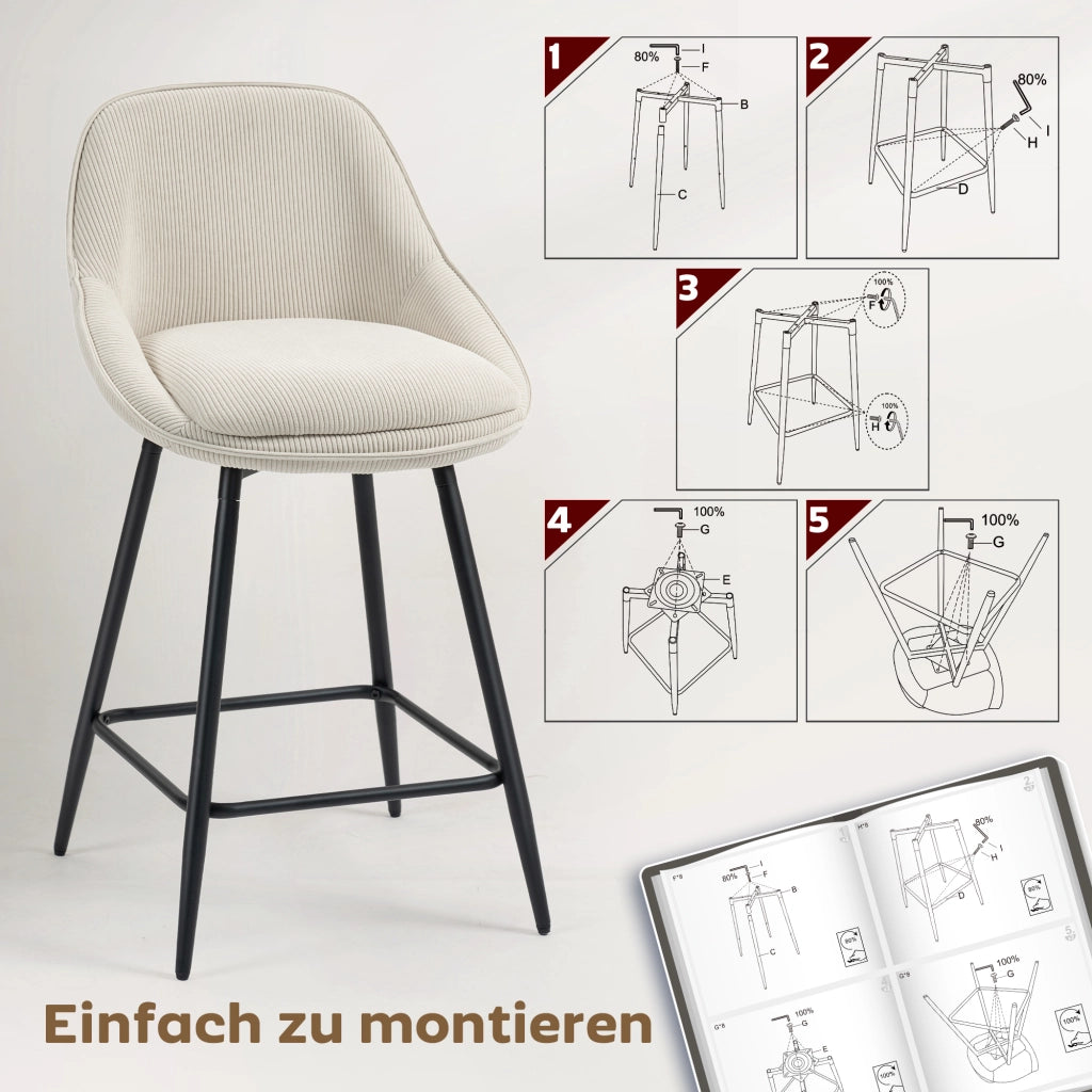 Sgabelli da bar imbottiti con rivestimento in tessuto e gambe in metallo ¨C Zephmum ¨C Set di 2, crema