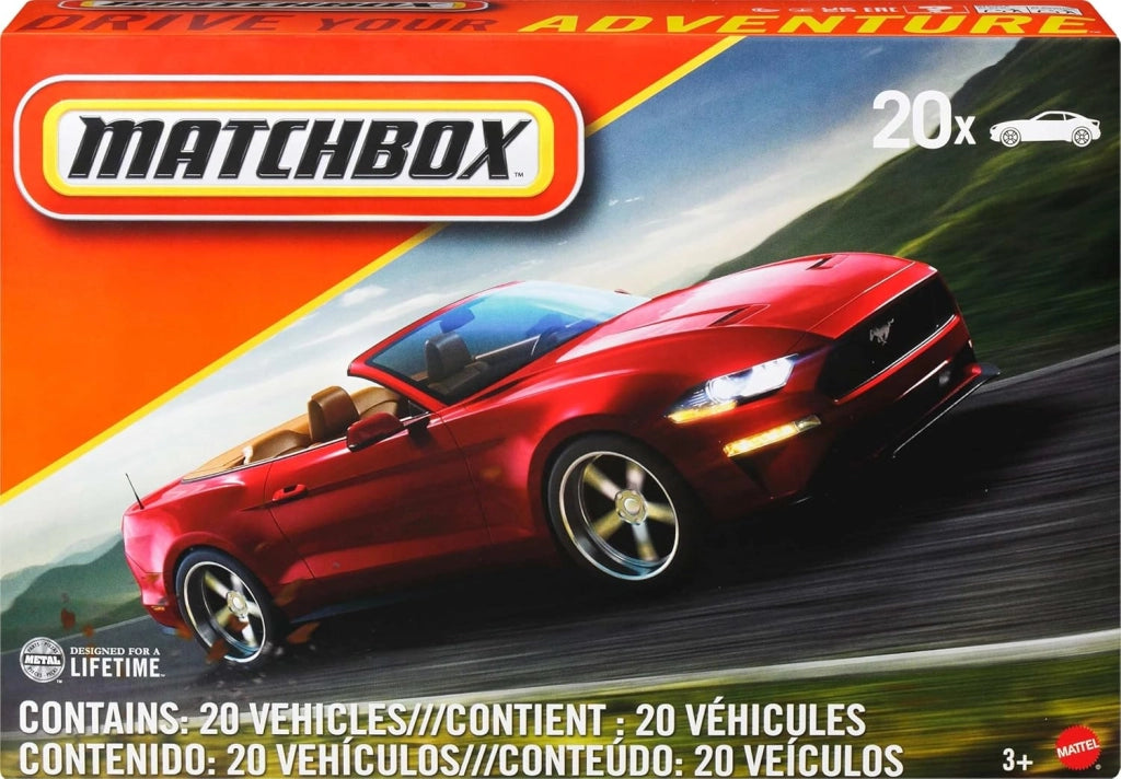 Confezione da 20 veicoli originali e ufficiali da collezione, auto e truck in metallo in scala 1:64 e poster Matchbox incluso, giocattolo per bambini, 3+ anni, FGM48
